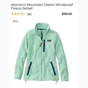 L.L. Bean Mint Green Mountain Classic Windproof Fleece Jacket